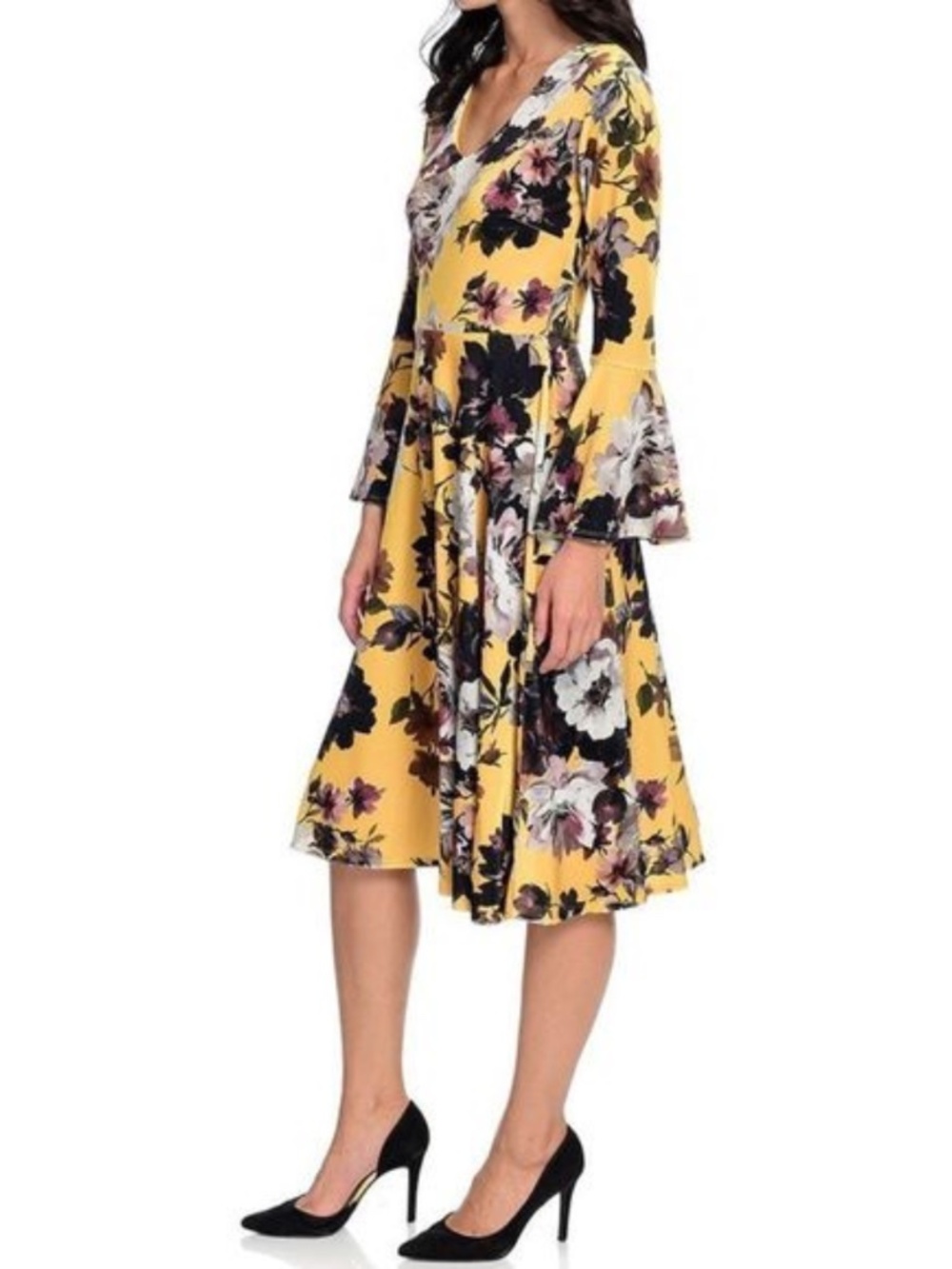 (25) Marc Bouwer Yellow Velvet Floral Bell Sleeve Dress XL
